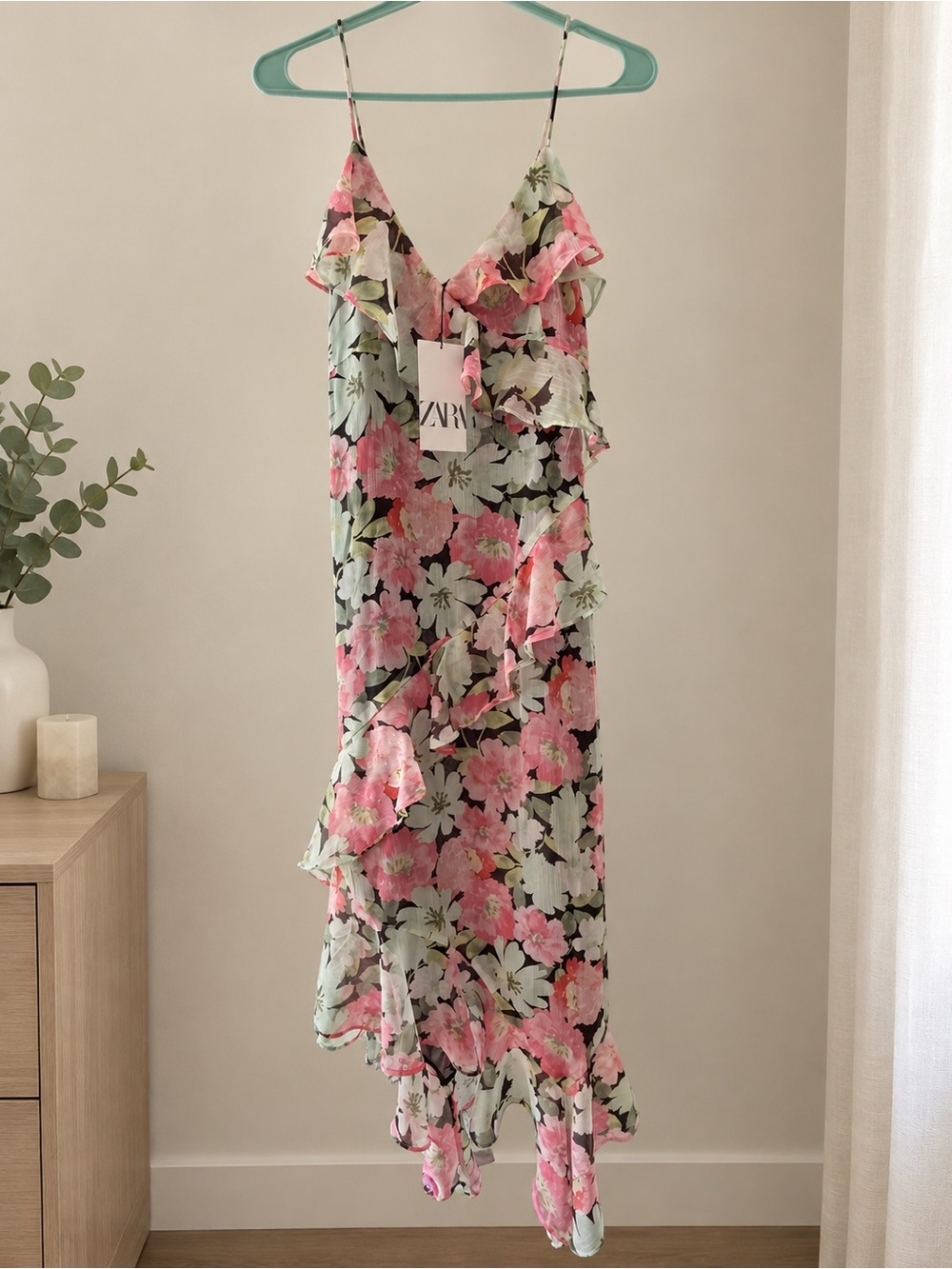 Zara Floral Ruffle Maxi Dress – Pink & Green – Size M